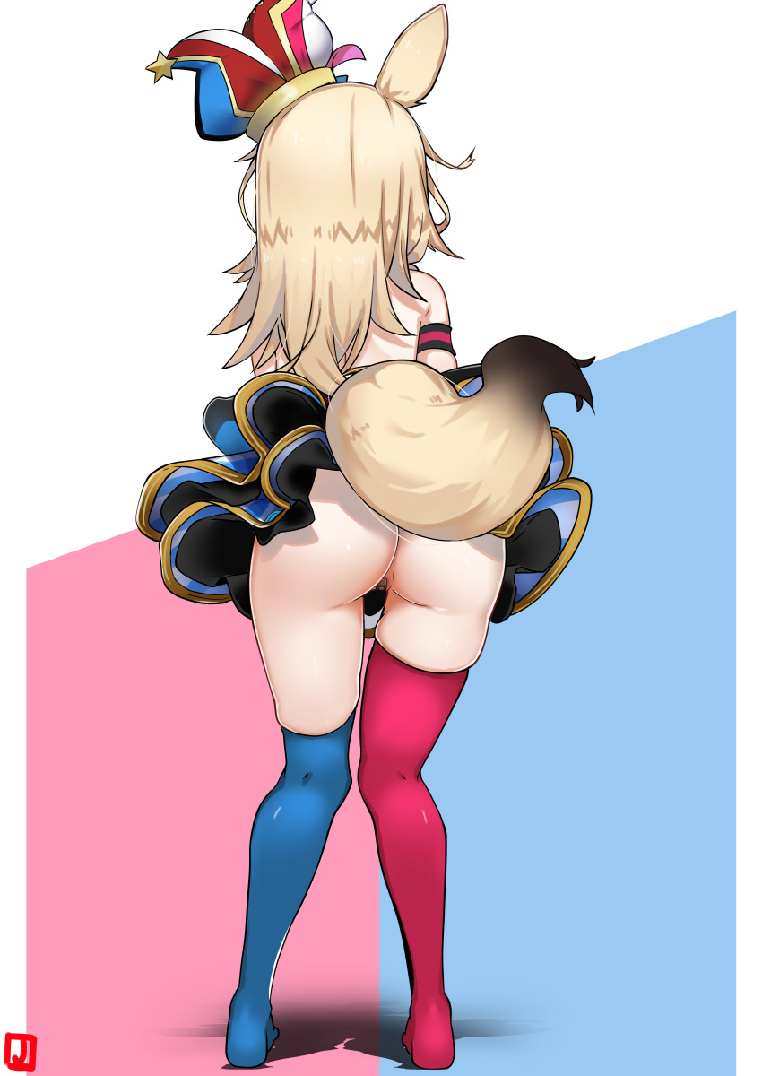 1girl absurdres animal_ears ass bandaid bandaid_on_pussy blonde_hair blue_dress blue_thighhighs commentary dress fox_ears fox_girl fox_tail from_behind full_body hat highres hololive jester_cap johnny_(braun-kan_cafe) long_hair mismatched_thighhighs no_panties no_shoes omaru_polka omaru_polka_(1st_costume) pink_thighhighs solo standing tail thighhighs tilted_headwear virtual_youtuber