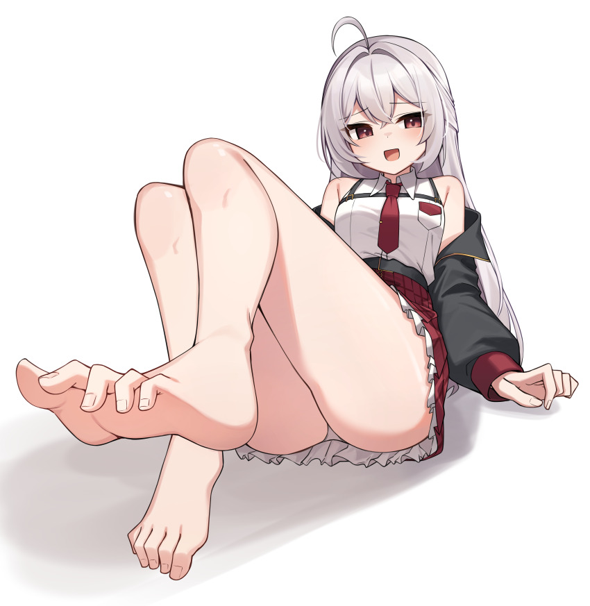 1girl absurdres ahoge ass bare_legs bare_shoulders barefoot black_jacket breast_pocket collared_shirt commission feet frilled_skirt frills highres jacket legs_up long_hair long_sleeves looking_at_viewer miniskirt necktie off_shoulder open_clothes open_jacket open_mouth original panties pleated_skirt pocket presenting_foot red_eyes red_skirt second-party_source shirt simple_background skirt sleeveless sleeveless_shirt smile soles solo thighs toes underwear white_background white_hair white_panties white_shirt ziro_(zirorong)
