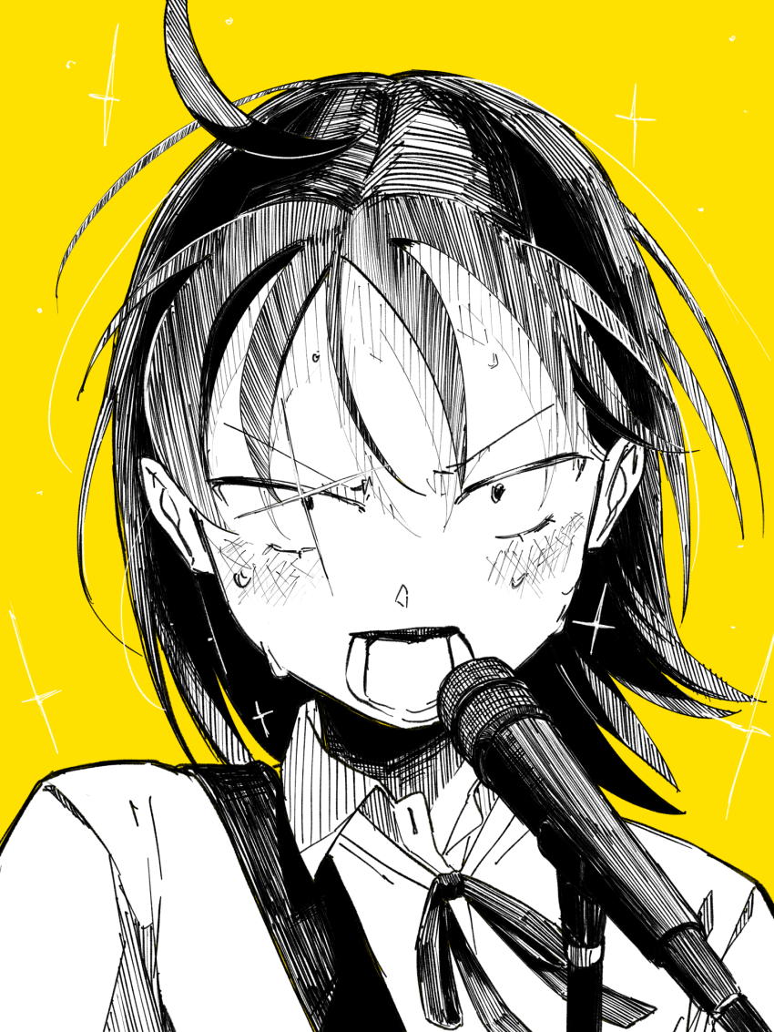 1girl ahoge collared_shirt commentary_request futsuu_no_keion-bu greyscale_with_colored_background guitar_strap hatono_chihiro highres ikihaji microphone microphone_stand neck_ribbon open_mouth portrait ribbon sanpaku school_uniform shirt short_hair simple_background small_pupils solo v-shaped_eyebrows yellow_background