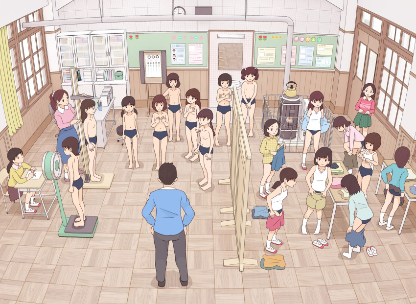 1boy 6+girls barefoot black_buruma black_eyes black_pants blue_jacket blue_shirt blue_skirt book breasts brown_hair brown_shoes brown_shorts brown_skirt buruma camisole chalkboard classroom clock clothes_lift clothes_pull collarbone covering_breasts covering_privates cup cupboard curtains desk door embarrassed flat_chest green_skirt hands_on_own_hips heater high_ponytail industrial_pipe jacket kiyo_(kyokyo1220) loli long_hair long_sleeves low_ponytail low_twintails measuring multiple_girls navel nude open_mouth original pants paper pencil physical_examination pink_shirt pink_shoes pink_skirt pink_sweater plaid_clothes plaid_shirt plaid_skirt ponytail school scrunchie shirt shoes short_hair shorts shorts_pull sitting skirt skirt_lift skirt_pull small_breasts smile socks standing sweater teacher teapot twintails undressing unworn_clothes unworn_shoes uwabaki weighing_scale white_camisole white_shirt white_shoes white_socks window yellow_shirt yellow_sweater