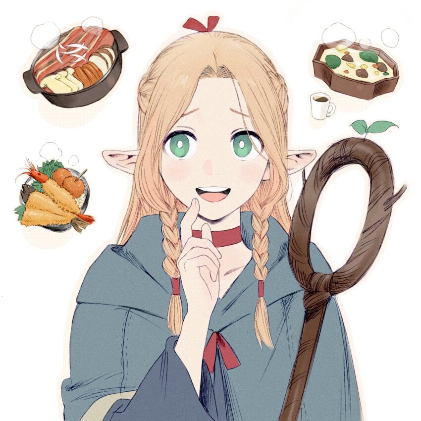 1girl blonde_hair blue_capelet blush braid capelet choker cup dress dungeon_meshi elf food frs2 green_eyes highres holding long_hair long_sleeves marcille_donato open_mouth pointy_ears robe simple_background smile solo staff