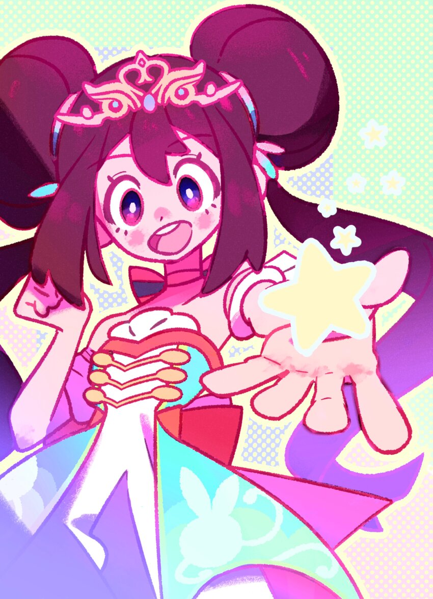 1girl :d absurdres brown_hair commentary double_bun dress english_commentary fukurinn hair_bun highres long_hair looking_at_viewer nintendo official_alternate_costume open_mouth outstretched_hand pokemon pokemon_masters_ex rosa_(champion)_(pokemon) rosa_(pokemon) smile solo star_(symbol) strapless strapless_dress teeth tiara twintails upper_teeth_only very_long_hair