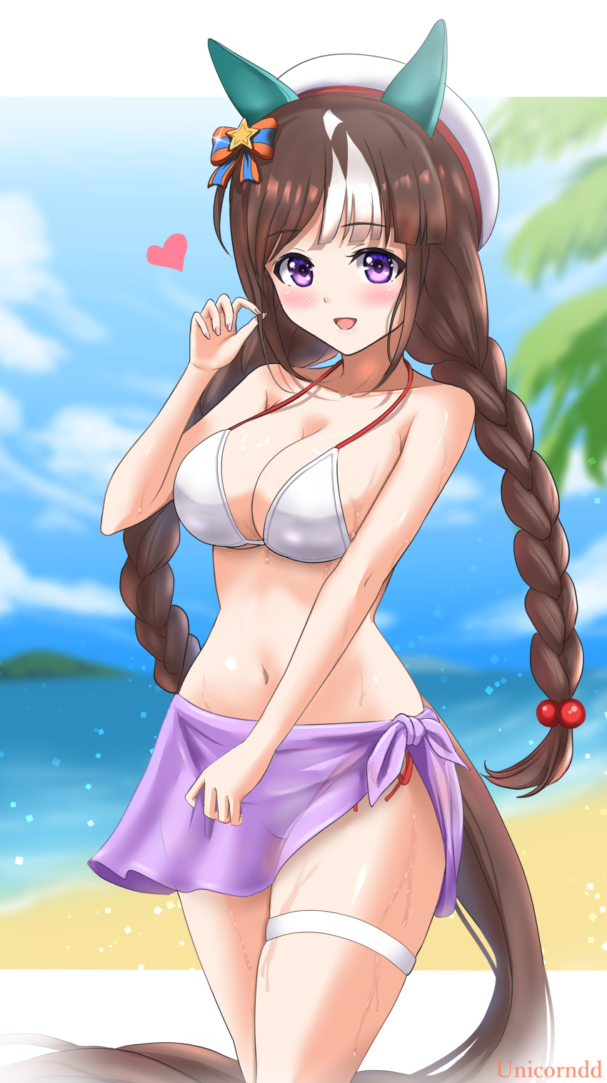 1girl absurdres animal_ears artist_name beach beret bikini black_hair blurry blurry_background blush braid breasts cleavage collarbone commentary_request hair_ornament hat heart highres hokko_tarumae_(umamusume) horse_ears horse_girl horse_tail large_breasts long_braid looking_at_viewer navel ocean ribbon sky solo swimsuit tail twin_braids umamusume unicorndd123