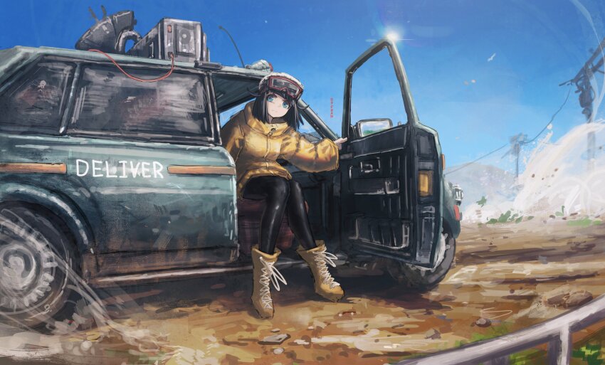 1girl absurdres black_hair black_hat black_pantyhose blue_eyes blue_sky boots car closed_mouth coat commentary day english_commentary franlol full_body goggles goggles_on_headwear hat highres lace-up_boots long_sleeves motor_vehicle original outdoors pantyhose short_hair sitting sky solo yellow_boots yellow_coat
