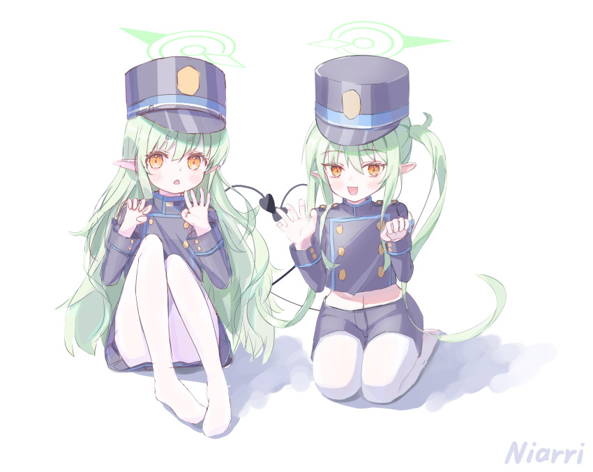 2girls :d absurdres artist_name black_hat black_jacket black_shorts black_skirt black_tail blue_archive buttons chinese_commentary commentary demon_tail double-breasted expressionless full_body green_hair green_halo halo hat heart_tail_duo highres hikari_(blue_archive) jacket knees_to_chest long_hair long_sleeves midriff miniskirt multiple_girls niarri no_shoes nozomi_(blue_archive) open_mouth orange_eyes pantyhose peaked_cap pleated_skirt pointy_ears seiza shadow short_shorts shorts siblings side-by-side simple_background sisters sitting skirt skirt_set smile tail tail_raised train_conductor twins twintails white_background white_pantyhose