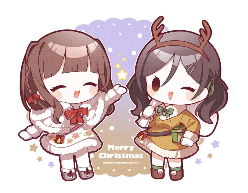 bell black_hair bow box brown_hair capelet chibi christmas closed_eyes commentary dress fake_antlers fur_trim gift gift_box green_ribbon hair_ornament hair_ribbon hairclip highres holding holding_gift holding_sack inagi_(christmas)_(kancolle) inagi_(kancolle) kantai_collection long_sleeves merry_christmas multiple_girls nada_namie one_eye_closed open_mouth orange_dress pantyhose red_bow red_ribbon ribbon sack standing star_(symbol) symbol-only_commentary twintails twitter_username ukuru_(christmas)_(kancolle) ukuru_(kancolle) white_capelet white_dress white_pantyhose