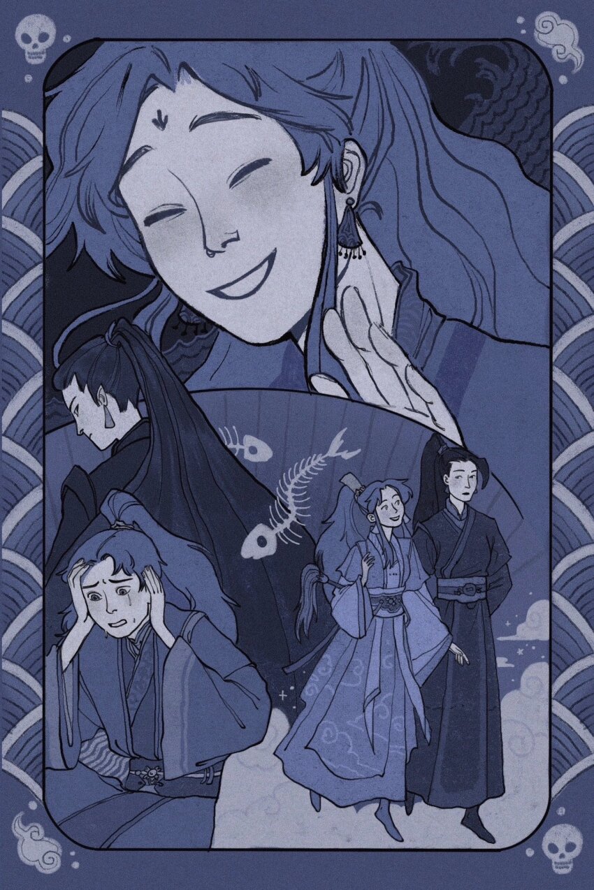 2boys above_clouds animal_skeleton arms_behind_back black_hair black_hanfu blue_border blue_hair blue_hanfu blue_sky blue_theme border chinese_clothes closed_eyes closed_mouth cloud cloud_print crying dark_background dead_animal earrings fish fish_skeleton folding_fan from_behind frown hand_fan hanfu he_xuan high_ponytail highres holding holding_fan horrified jewelry long_hair long_sleeves male_focus monochrome multiple_boys multiple_views ocean ponytail rounded_corners shi_qingxuan skull sky smile sparkle spoilers tianguan_cifu walking water waves wide_sleeves wind xiangyun xiao_guan_(headdress) yaroslava_murashko