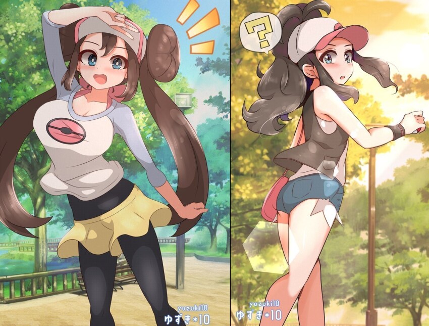2girls arm_above_head arm_at_side arm_up ass baseball_cap black_vest blue_eyes blue_shirt blue_shorts blush breasts brown_hair collarbone day denim denim_shorts dot_nose feet_out_of_frame from_behind hat hilda_(pokemon) large_breasts long_hair looking_at_viewer looking_back multiple_girls multiple_views nintendo open_mouth outdoors pantyhose pokemon pokemon_bw pokemon_bw2 ponytail red_hat rosa_(pokemon) shirt shorts smile standing sunset surprised t-shirt twintails two-tone_hat two-tone_shirt variant_set vest white_hat white_shirt yellow_shorts yuzukiaz