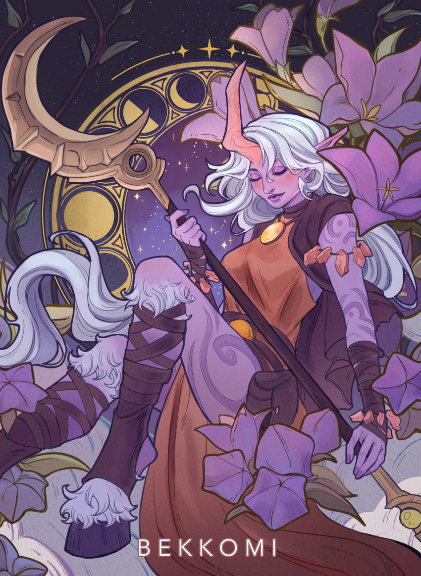 1girl artist_name bekkomi breasts closed_eyes colored_skin eyeshadow flower full_body highres holding holding_staff hooves horns jewelry league_of_legends long_hair makeup pointy_ears purple_nails purple_skin single_horn sitting sky smile solo soraka_(league_of_legends) staff star_(sky) starry_sky tattoo very_long_hair white_hair