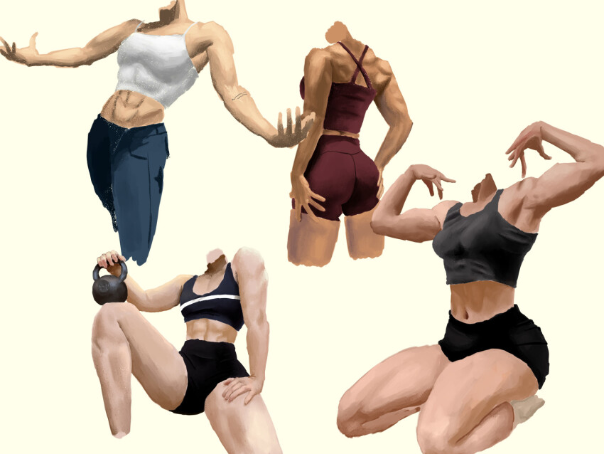 1girl abs back black_shorts camisole commentary criss-cross_back-straps damiangoh denim flexing highres holding jeans leanbeefpatty multiple_views pants real_life seiza shorts simple_background sitting socks sports_bra
