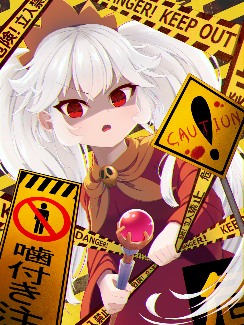 &gt;:( ashley_(warioware) blood caution caution_tape dress grabbing hair_between_eyes highres holding holding_wand keep_out long_hair looking_at_viewer matchamassa necktie nintendo official_alternate_hair_color open_mouth orange_necktie orange_trim red_dress sign skull_ornament v-shaped_eyebrows wand warioware warning_sign white_hair