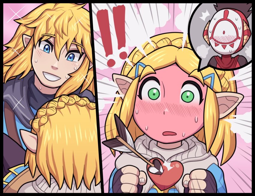 ! !! :o arrow_through_heart ayyk92 black_cape black_gloves blonde_hair blue_shirt blush braid cape clenched_hands comic cosplay crown_braid fingerless_gloves full-face_blush gloves green_eyes grin hair_between_eyes hair_ornament hairclip link looking_at_another mask nintendo open_mouth pointy_ears princess_zelda princess_zelda_(cosplay) segmented_comic shirt smile sweat teeth the_legend_of_zelda the_legend_of_zelda:_tears_of_the_kingdom yiga_clan_footsoldier