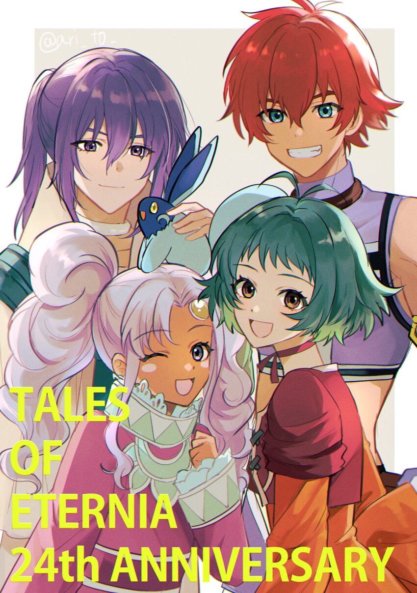 :d anniversary antenna_hair ari_(bleum) border brown_eyes clenched_teeth closed_mouth copyright_name dark-skinned_female dark_skin farah_oersted green_hair grey_background highres keele_zeibel meredy_(tales) one_eye_closed open_mouth ponytail purple_eyes purple_hair quickie_(tales) red_hair reid_hershel short_hair smile tales_of_(series) tales_of_eternia teeth white_border