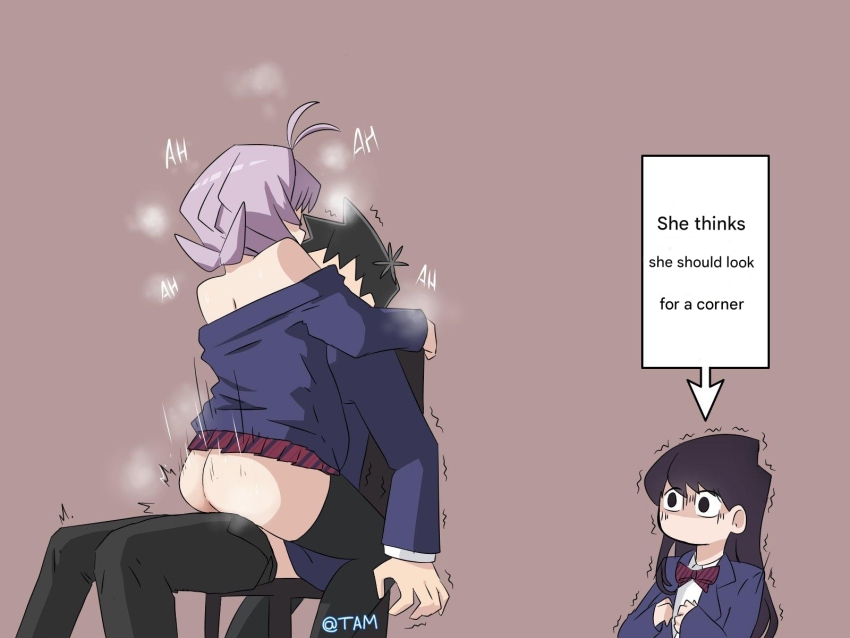 1boy 1girl 1other ahoge androgynous arrow_(symbol) artist_name ass back black_hair bottomless brown_background chair cheating_(relationship) english_text face_to_breasts faceless faceless_female faceless_male flower flower_on_head functionally_nude highres implied_sex itan_private_high_school_uniform komi-san_wa_komyushou_desu komi_shouko long_hair moaning motion_lines multiple_girls no_bra no_panties no_visible_genitalia o_o osana_najimi_(komi-san_wa_komyushou_desu) pink_hair purple_hair school_uniform sex short_hair sitting sitting_on_lap sitting_on_person smaller_dominant speed_lines tadano_hitohito tam_m3 thighhighs thighs trembling vaginal