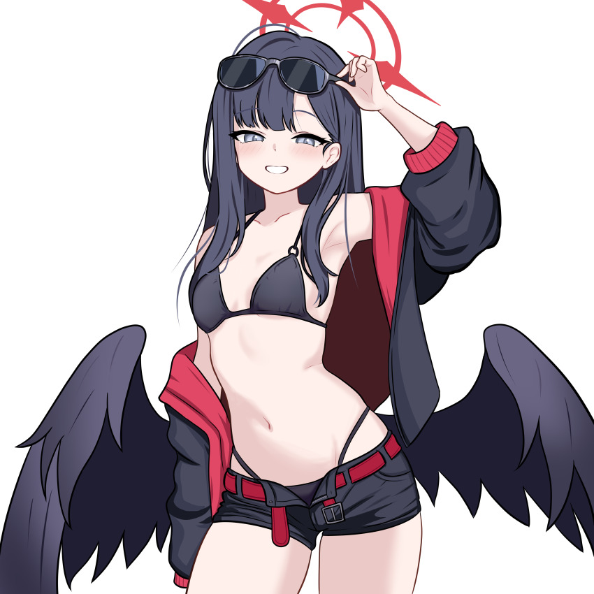 1girl :d absurdres adjusting_eyewear ahoge arm_at_side arm_up armpits belt bikini bilingual_commentary black_bikini black_hair black_jacket black_shorts black_wings blue_archive blunt_bangs blush breasts collarbone commentary cowboy_shot english_commentary eyewear_on_head feathered_wings grey_eyes grin halo highleg highleg_bikini highres ichika_(blue_archive) ichika_(swimsuit)_(blue_archive) jacket jacket_partially_removed long_hair looking_at_viewer low_wings mixed-language_commentary navel nyatako o-ring o-ring_bikini o-ring_top official_alternate_costume open_clothes open_jacket open_mouth red_belt red_halo shorts simple_background small_breasts smile solo stomach straight_hair sunglasses swimsuit tsurime unusually_open_eyes white_background wings