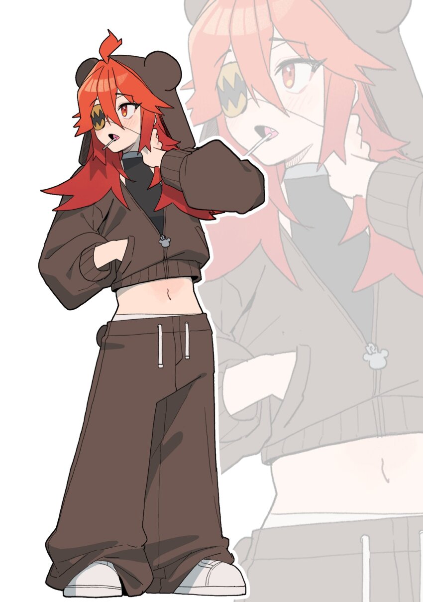 1girl alternate_costume animal_hood baggy_pants blush brown_pants commentary crop_top eyepatch fang gachop99 hair_between_eyes hand_in_pocket highres hood hooded_jacket jacket koleda_belobog long_hair long_sleeves midriff navel open_mouth pants red_eyes red_hair shoes simple_background sneakers standing symbol-only_commentary white_background white_shoes zenless_zone_zero zoom_layer