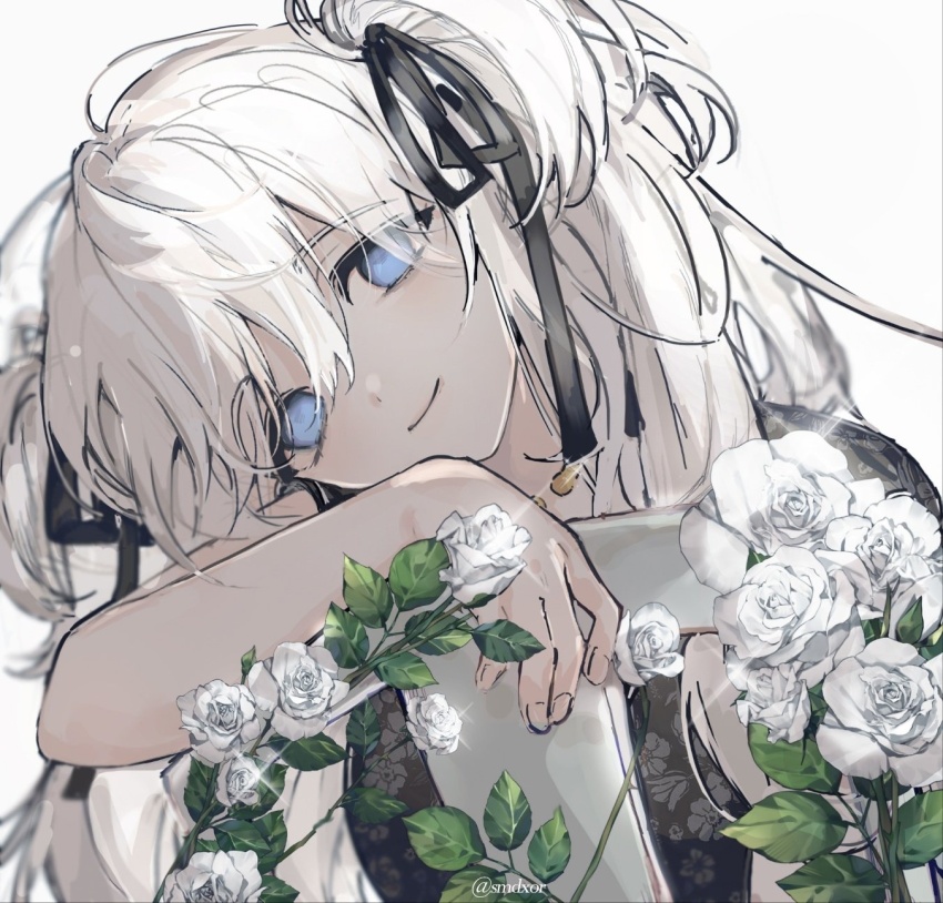 1girl black_dress black_ribbon blue_eyes dress flower highres looking_at_viewer mabinogi nao_(mabinogi) no_pupils ribbon simple_background smdxor smile solo twintails twitter_username white_background white_flower white_hair