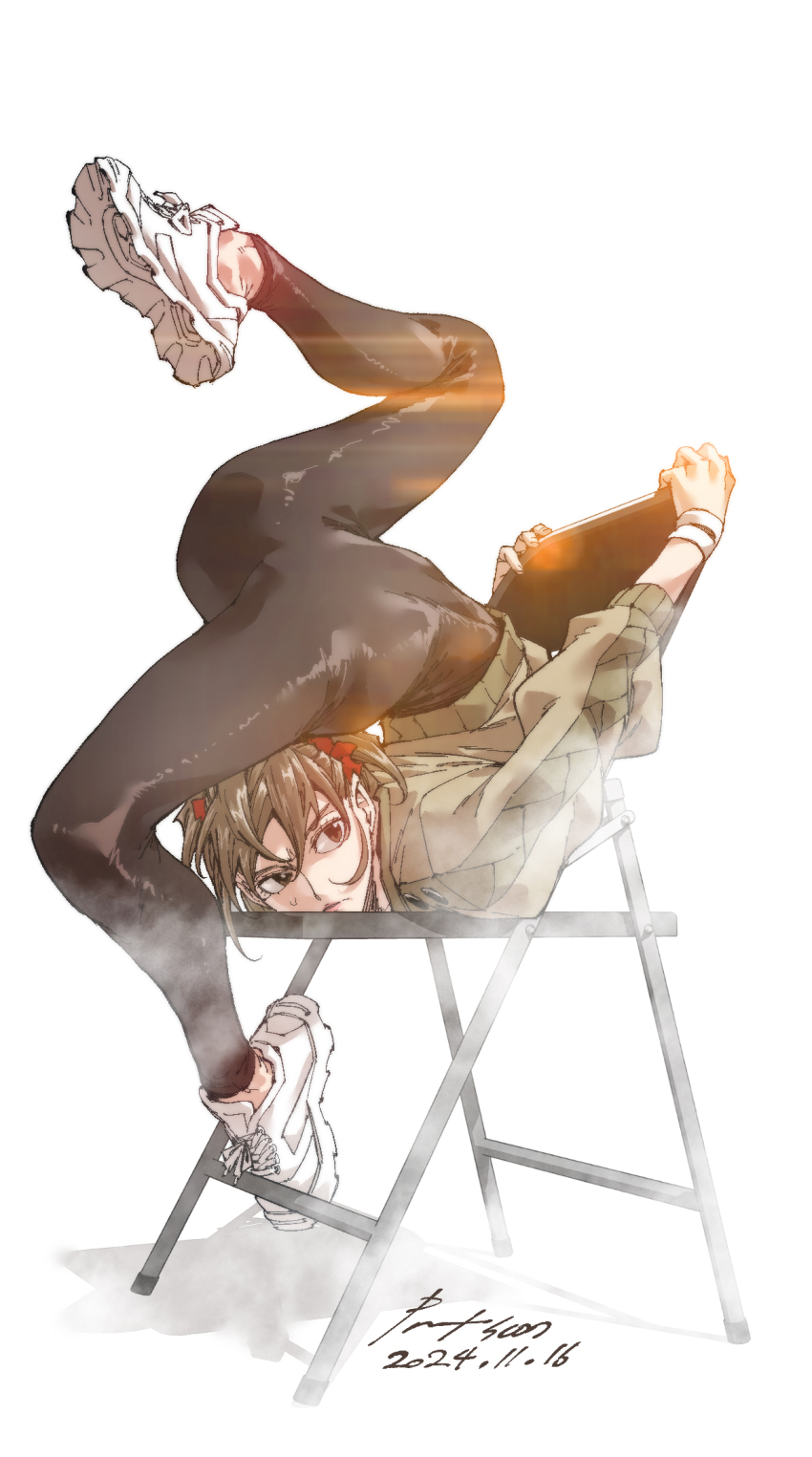 1girl black_unitard brown_eyes brown_hair chair dated dated_commentary flexible folding_chair full_body highres lens_flare nabipenciller on_chair original shoes simple_background sneakers solo steam tight_clothes unitard white_background white_shoes wristband