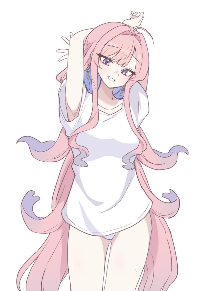 1girl :d arknights arms_up commentary cowboy_shot earrings highres hmrsh jewelry long_hair looking_at_viewer lucilla_(arknights) open_mouth panties parted_lips pink_hair purple_eyes shirt short_sleeves simple_background smile solo t-shirt underwear very_long_hair white_background white_panties white_shirt
