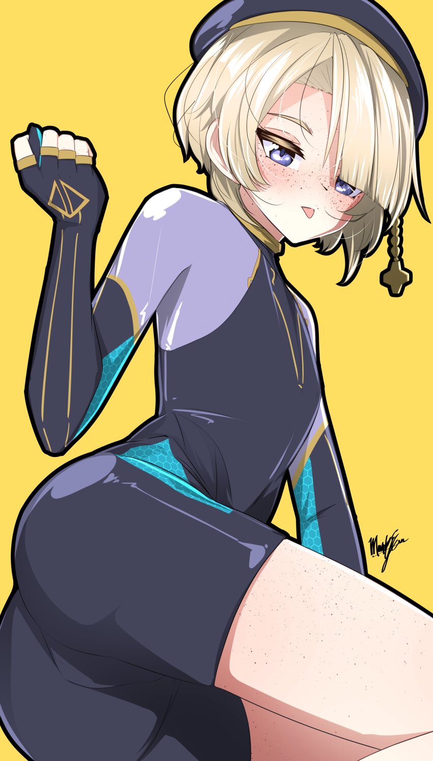 1boy absurdres beret black_wetsuit blonde_hair blunt_bangs bodysuit cowboy_shot diving_suit freminet_(genshin_impact) from_behind from_below genshin_impact gloves hand_up hat highres looking_at_viewer male_focus marky_evan short_hair shorts simple_background solo tongue tongue_out trap wetsuit yellow_background