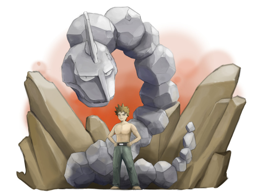 1boy belt brock_(pokemon) brown_hair closed_eyes closed_mouth commentary full_body game_freak gen_1_pokemon green_pants male_focus nintendo onix pants pokemon pokemon_(creature) pokemon_rgby rock standing suzuki_(pixiv_9092094) topless_male white_background