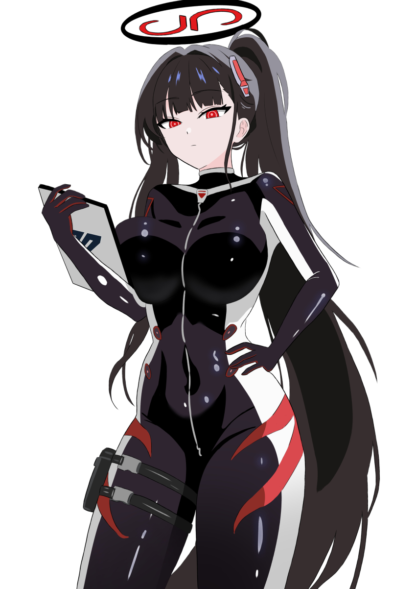 1girl absurdres black_bodysuit black_hair blue_archive bodysuit breasts closed_mouth hand_on_own_hip highres holding holding_tablet_pc large_breasts long_hair looking_at_viewer midang official_alternate_costume official_alternate_hairstyle ponytail red_eyes rio_(blue_archive) rio_(bodysuit)_(blue_archive) solo tablet_pc