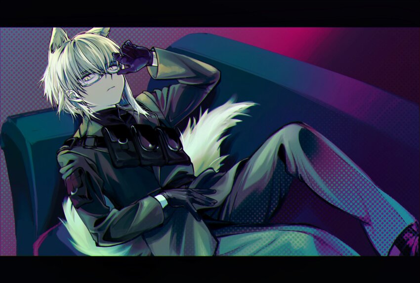 1boy adjusting_eyewear animal_ears aosta_(arknights) aosta_(light_gun_adjuster)_(arknights) arknights bandolier belt bespectacled black_coat black_gloves black_pants coat couch feet_out_of_frame frown glasses gloves gradient_background highres ieiieiiei knee_up letterboxed looking_at_viewer lying male_focus official_alternate_costume on_back pants pink_background purple_background short_hair sidelocks solo tail white_hair wolf_boy wolf_ears wolf_tail