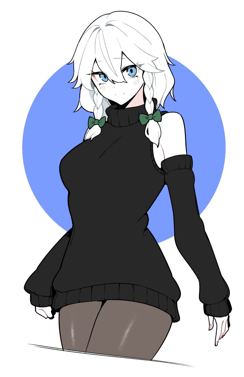 1641_(chfhrtor94) 1girl alternate_costume bare_shoulders blue_eyes blush braid breasts detached_sleeves hair_between_eyes highres izayoi_sakuya looking_at_viewer medium_breasts medium_hair pantyhose simple_background smile solo sweater touhou twin_braids white_hair