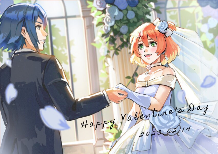 1boy 1girl black_jacket blonde_hair blue_flower blue_hair bow bridal_veil bride choker collarbone colored_tips commentary couple dated dress earrings flower formal_clothes freyja_wion gloves green_eyes hair_bow hair_flower hair_ornament happy_valentine hayate_immelmann heart heart_hair_ornament hetero highres holding_hands jacket jewelry macross macross_delta multicolored_hair nekkikamille off-shoulder_dress off_shoulder one_side_up open_mouth orange_hair parted_lips petals short_hair smile suit symbol-only_commentary veil wedding wedding_dress white_bow white_choker white_dress white_gloves