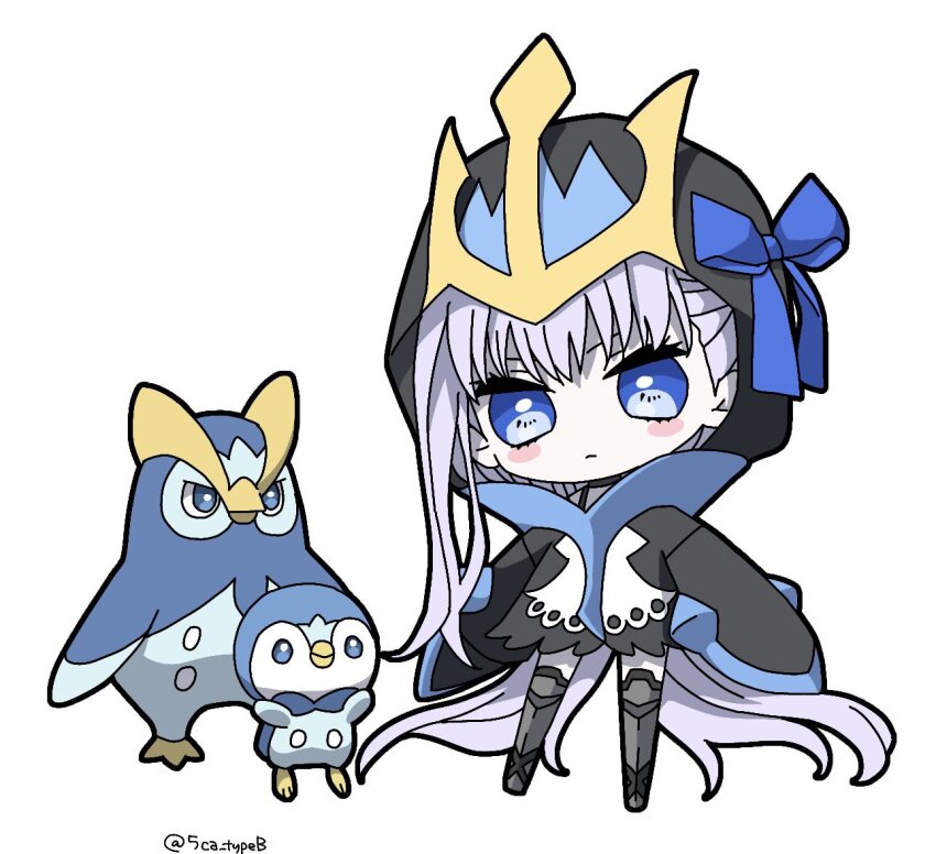 1girl 5ca_typeb artist_name asymmetrical_bangs beak bird black_hood black_outline blue_eyes blue_ribbon blue_skin blush_stickers chibi chibi_only closed_mouth color_connection colored_skin cosplay empoleon empoleon_(cosplay) expressionless fate/grand_order fate_(series) fewer_digits full_body gen_4_pokemon hood hood_up legs_apart long_hair long_sleeves looking_at_viewer meltryllis meltryllis_(fate) meltryllis_(swimsuit_lancer)_(fate) meltryllis_(swimsuit_lancer)_(first_ascension)_(fate) nintendo outline penguin piplup pokemon prinplup prosthesis prosthetic_leg purple_hair ribbon ribbon-trimmed_headwear ribbon_trim simple_background sleeves_past_fingers sleeves_past_wrists standing trait_connection twitter_username very_long_hair white_background