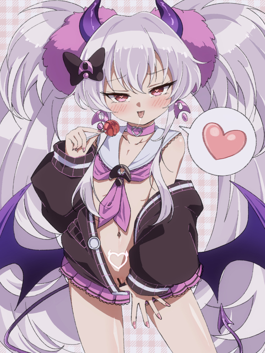 1girl bar_censor black_jacket candy censored choker collarbone commentary_request demon_girl demon_horns demon_tail demon_wings evo_grim food grey_hair grim_aloe hair_between_eyes heart heart-shaped_pupils highres holding holding_candy holding_food holding_lollipop horns jacket loli lollipop long_hair long_sleeves looking_at_viewer mahjong_fight_girl nail_polish navel neckerchief off_shoulder pink_choker pink_nails pink_neckerchief pink_skirt plaid_background pleated_skirt puffy_long_sleeves puffy_sleeves purple_wings quiz_magic_academy_the_world_evolve red_eyes sailor_collar saliva saliva_trail skirt sleeves_past_wrists solo spoken_heart symbol-shaped_pupils tail tongue tongue_out twintails unadon_(unadoom) very_long_hair white_sailor_collar wings