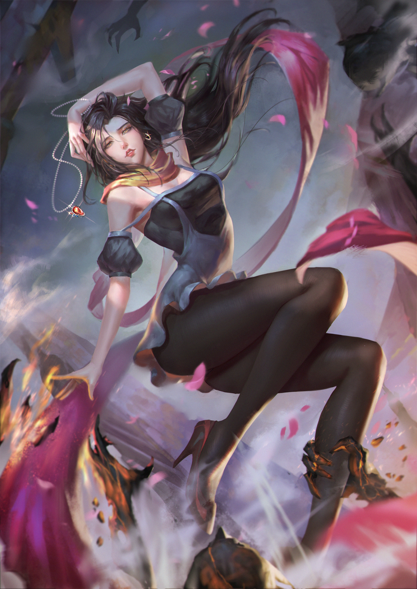 1girl bare_shoulders battle_tendency black_dress black_hair black_pantyhose black_shoes detached_sleeves dlx_(kssksskssk) dress earrings gem grey_dress highres jewelry jojo_no_kimyou_na_bouken lisa_lisa long_hair monster multicolored_dress pantyhose puffy_sleeves red_gemstone red_scarf scarf shoes short_sleeves yellow_eyes