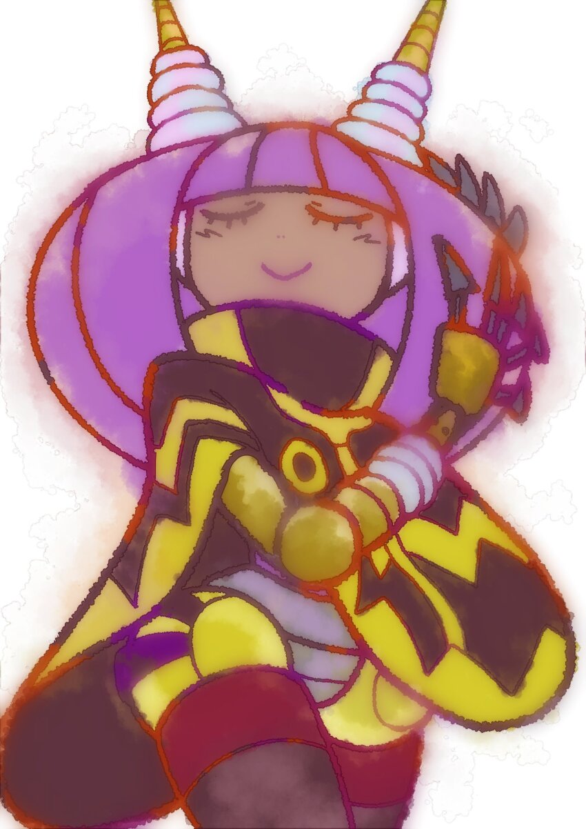 1girl adjusting_hair black_cape blunt_bangs bob_cut cape closed_eyes closed_mouth commentary_request dark-skinned_female dark_skin dynatron_(mighty_no._9) facing_viewer highres horns joints mighty_no._9 purple_hair robot robot_girl robot_joints short_hair simple_background smile solo takenokonoko two-tone_cape very_dark_skin white_background yellow_cape yellow_horns