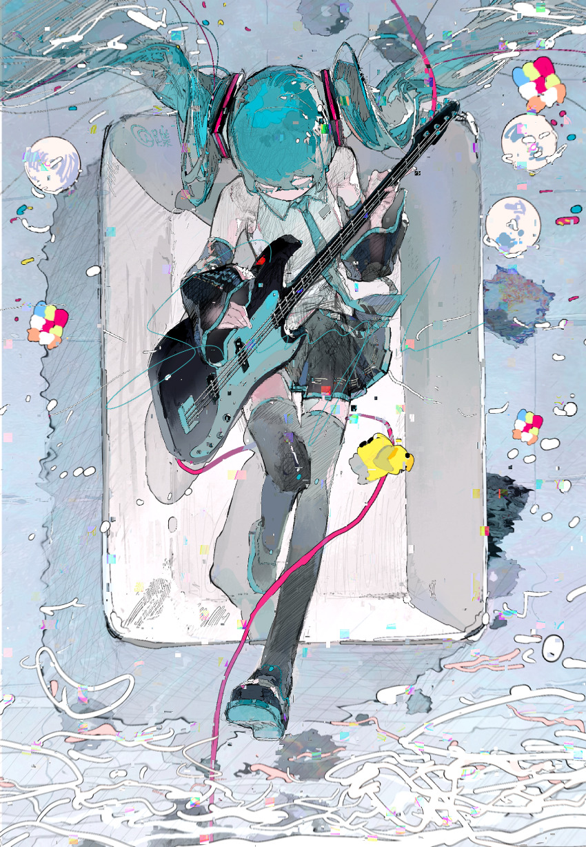 1girl absurdres aqua_hair aqua_necktie bare_shoulders bass_guitar bathroom bathtub black_boots black_skirt black_sleeves blue_background boots bubble cable chinese_commentary closed_eyes collared_shirt colored_eyelashes commentary commentary_request detached_sleeves die_(weibo_5986913615) bass_guitar english_commentary fender_jazz_bass from_above full_body hair_ornament hair_spread_out hatsune_miku highres indoors instrument long_hair long_sleeves lying miniskirt mixed-language_commentary music necktie on_back playing_bass_guitar playing_instrument rubber_duck sample_watermark shadow shirt skirt sleeveless sleeveless_shirt solo thigh_boots tile_floor tiles twintails very_long_hair vocaloid watermark white_shirt wide_sleeves