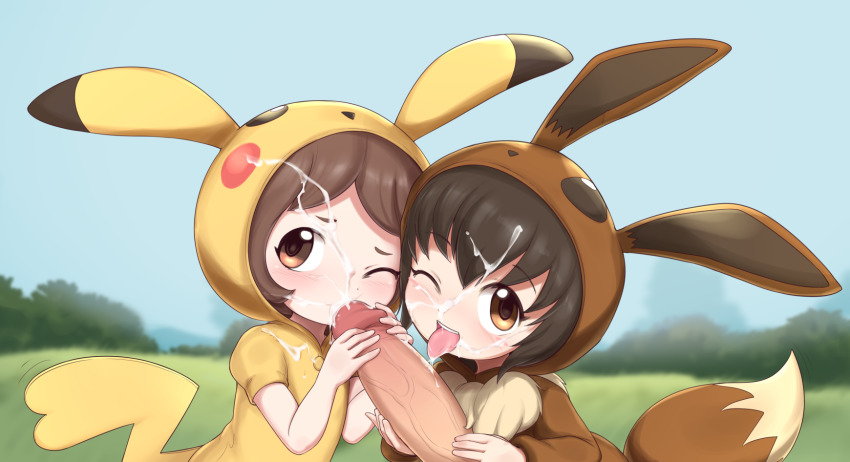 1boy 2girls animal_ears blue_sky brown_eyes brown_hair cosplay cum cum_in_mouth cum_on_body cum_on_clothes cum_on_hair day eevee eevee_(cosplay) eevee_ears eevee_tail eyebrows facial fake_animal_ears fake_tail fellatio gen_1_pokemon highres hood hood_up loli long_sleeves looking_at_viewer multiple_girls nintendo one_eye_closed open_mouth oral outdoors penis penis_grab pestil pikachu pikachu_(cosplay) pikachu_ears pikachu_tail poke_kid_(pokemon) pokemon pokemon_bdsp pokemon_swsh pokemon_tail saliva short_hair short_sleeves sideways_glance sky tail teeth tongue tongue_out uncensored upper_body upper_teeth_only veins veiny_penis