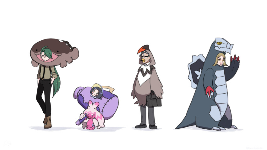 2boys 2girls :d baxcalibur baxcalibur_(cosplay) black_hair black_pants blonde_hair briefcase brown_footwear clodsire clodsire_(cosplay) commentary_request cosplay gen_4_pokemon hand_up hassel_(pokemon) honda_(honndamaria) larry_(pokemon) multiple_boys multiple_girls nintendo open_mouth pants parted_bangs pokemon pokemon_sv poppy_(pokemon) rika_(pokemon) shirt shoes sleeves_rolled_up smile standing staraptor staraptor_(cosplay) tinkaton tinkaton_(cosplay) white_background