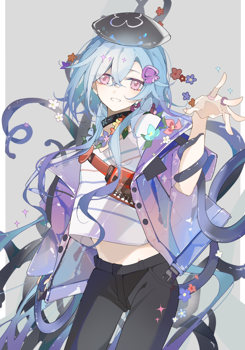1boy :d absurdres arknights beret black_hat black_pants blue_hair border chinese_commentary choker commentary crossed_bangs flower flower_wreath grey_background hair_between_eyes hana_soretsu hand_up hat highres infection_monitor_(arknights) jacket jewelry long_hair looking_at_viewer male_focus midriff midriff_peek mizuki_(arknights) open_clothes open_jacket open_mouth outside_border pants pink_eyes purple_jacket ring see-through_clothes see-through_jacket shirt simple_background smile solo squid_hair_ornament striped_clothes striped_shirt t-shirt tentacles trap very_long_hair white_border white_shirt