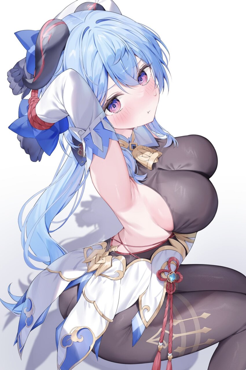 1girl alternate_breast_size armpits arms_behind_head ass bdsm bell blue_hair blush bodystocking bondage bound bound_wrists breasts commentary_request cowbell detached_sleeves from_above from_side ganyu_(genshin_impact) genshin_impact gloves goat_horns highres horns large_breasts long_hair looking_at_viewer looking_to_the_side neck_bell pekokota purple_eyes purple_gloves restrained shadow sideboob simple_background sitting solo vision_(genshin_impact) white_background