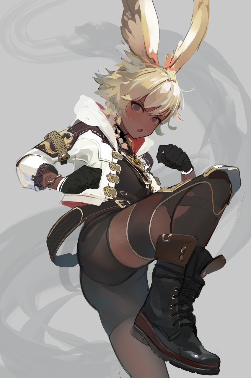1girl absurdres animal_ears ass bike_shorts black_boots black_gloves blonde_hair boots commentary commission dark-skinned_female dark_skin english_commentary fighting_stance final_fantasy final_fantasy_xiv glasses gloves grey_background highres hood hooded_jacket jacket monk monk_(final_fantasy) muscular muscular_female open_clothes open_jacket polilla rabbit_ears simple_background very_dark_skin viera warrior_of_light_(ff14)