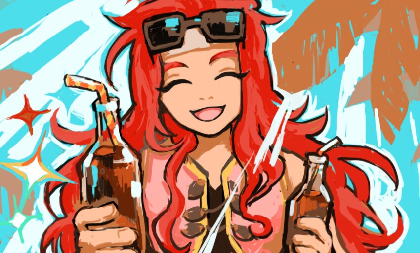 1boy :d closed_eyes commentary drink drinking_straw english_commentary headband highres holding holding_drink long_hair male_focus open_mouth pink_vest red_hair shirt smile snoozaga soda soda_bottle sunglasses tales_of_(series) tales_of_symphonia vest white_headband zelos_wilder