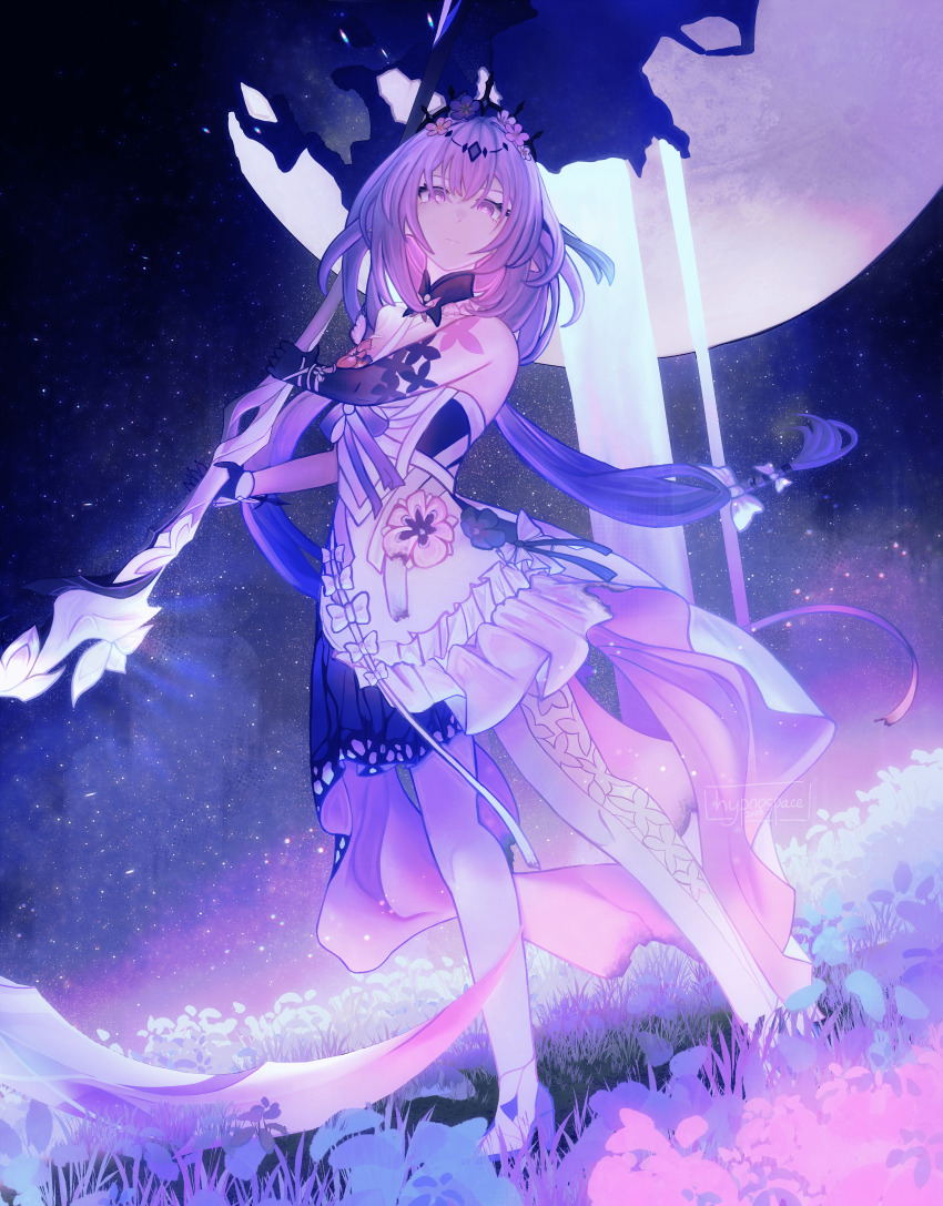 1girl absurdres bare_shoulders black_choker black_tiara bow braid breasts castorice_(honkai:_star_rail) choker dress elbow_gloves flower gloves hair_bow hair_flower hair_ornament high_heels highres holding holding_scythe honkai:_star_rail honkai_(series) hypnospace long_hair looking_at_viewer looking_down moon night night_sky original purple_eyes purple_gloves purple_hair ribbon scythe sky solo tiara twintails very_long_hair white_bow white_dress
