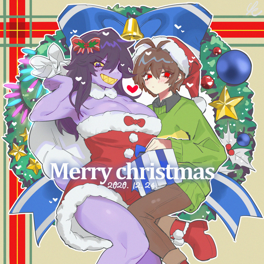 1girl 1other 2020 ankle_boots antenna_hair armpits bare_arms bare_shoulders bell black_hair blue_bow boots bow breasts brown_background brown_hair brown_pants christmas_wreath cleavage closed_mouth collared_shirt colored_sclera commentary_request dated deltarune dress feet_out_of_frame foot_out_of_frame freckles fur-trimmed_dress fur-trimmed_headwear fur_trim furry furry_female gift green_sweater grin hand_up hat heart highres holding holding_gift jingle_bell kris_(deltarune) large_breasts long_hair long_sleeves looking_at_viewer merry_christmas no_nose no_pupils outline pants pom_pom_(clothes) pom_pom_footwear puffy_long_sleeves puffy_sleeves purple_eyes red_boots red_bow red_dress red_eyes red_hat reptile_girl santa_costume santa_dress santa_hat se_(hanahide) sharp_teeth shirt short_dress short_hair simple_background sitting smile star_ornament strapless strapless_dress striped_clothes striped_sweater susie_(deltarune) sweater tail teeth two-tone_sweater white_outline wreath yellow_sclera yellow_teeth