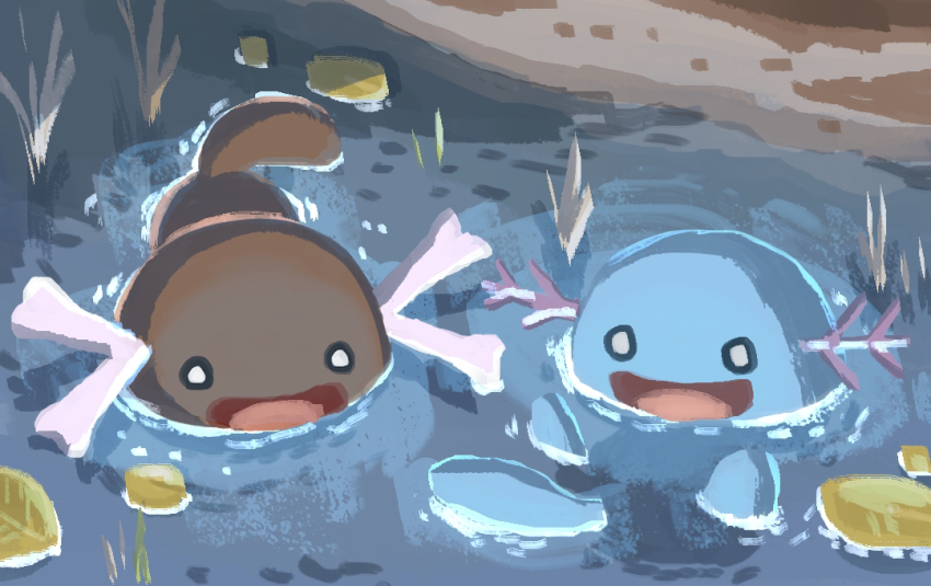 :d alternate_form blue_skin colored_skin creatures_(company) dark_skin dashimaki_gorilla_(dasigori) game_freak gen_2_pokemon mud nintendo no_humans open_mouth outdoors paldean_wooper partially_submerged pokemon pokemon_(creature) pokemon_focus pokemon_sv reeds sitting smile solid_circle_eyes tail water wooper