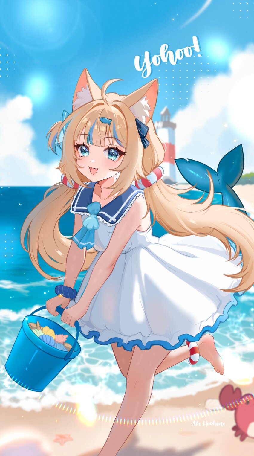 1girl absurdres aki_hoshino animal_ears artist_name barefoot beach blonde_hair blue_collar blue_eyes blue_hair blue_ribbon blue_sailor_collar breast_pocket bucket cat_ears cloud collar crab dress fins fish_girl fish_hair_ornament fish_tail frilled_shirt_collar frills hair_ornament hair_ribbon highres holding holding_bucket indie_virtual_youtuber lighthouse long_hair multicolored_hair open_mouth pocket ribbon sailor_collar sameko_saba shell sky smile streaked_hair tail twintails virtual_youtuber white_dress