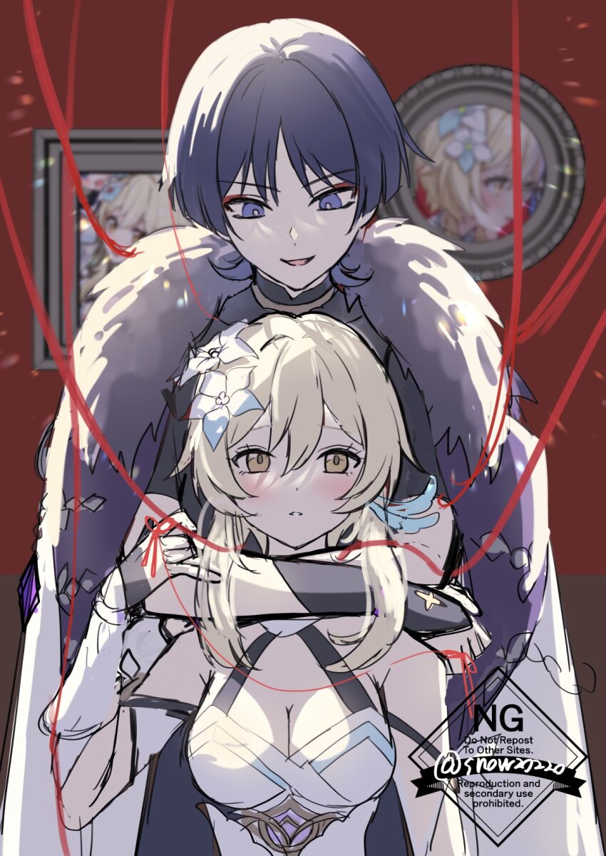 1boy 1girl arm_cutout armor armpit_crease bare_shoulders behind_another black_bodysuit black_hair black_sleeves blonde_hair blue_feathers blunt_ends bodysuit breasts character_print clothing_cutout coat detached_sleeves dress eyelashes eyeliner eyeshadow fatui_coat feather_hair_ornament feathers flower fur-trimmed_coat fur_collar fur_trim gem genshin_impact gold hair_between_eyes hair_flower hair_ornament halterneck hand_up highres hug hug_from_behind japanese_armor jewelry kote kurokote large_breasts looking_at_another lumine_(genshin_impact) makeup mandarin_collar neck_ring open_clothes open_coat open_mouth picture_frame purple_eyes purple_gemstone red_background red_eyeliner red_eyeshadow scaramouche_(genshin_impact) short_hair short_hair_with_long_locks short_sleeves sidelocks sketch snow20200 tsurime unfinished vambraces watermark white_coat white_dress white_mouth white_sleeves wispy_bangs yellow_eyes