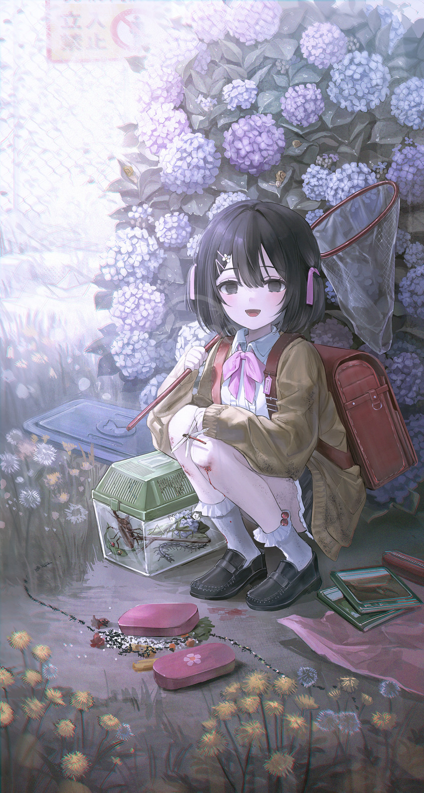 1girl absurdres backpack bag beetle black_eyes black_hair black_shoes black_skirt bleeding blood bobby_socks bow bowtie bug bug_cage butterfly_net cardigan center_frills chromatic_aberration collared_shirt commentary_request flower frills full_body hair_ornament hair_ribbon hairclip hand_net highres holding holding_butterfly_net injury insect ladybug loafers long_sleeves looking_at_viewer medium_hair open_cardigan open_clothes open_mouth original outdoors pink_bow pink_bowtie pink_ribbon praying_mantis randoseru red_bag ribbon shirt shoes skirt smile snail socks solo squatting two_side_up white_shirt white_socks yellow_cardigan yellow_flower yur1ca