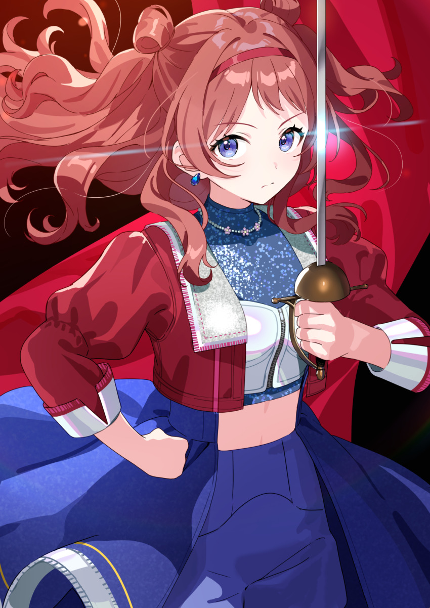 1girl brown_hair clenched_hands commentary_request crop_top cropped_jacket earrings floating_hair gakuen_idolmaster glint hairband hanami_saki hand_on_own_hip highres holding holding_sword holding_weapon idolmaster jacket jewelry long_hair long_sleeves looking_at_viewer midriff misuzu0342 necklace open_clothes open_jacket rapier red_hairband red_jacket showgirl_skirt skirt solo sword weapon