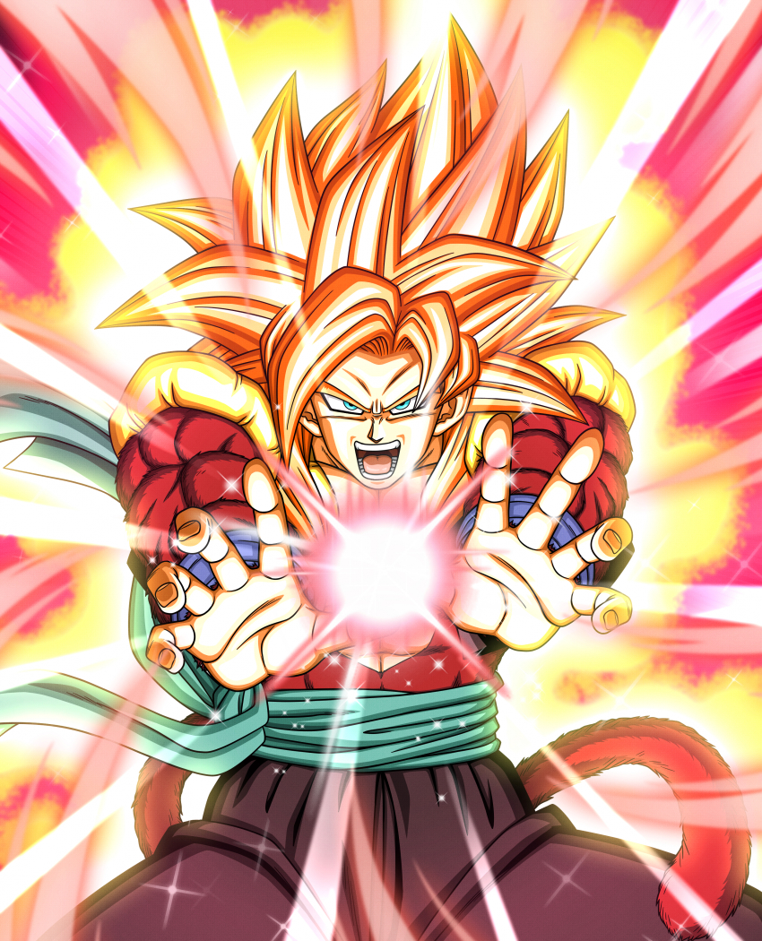 absurdres bare_pectorals biceps big_bang_kamehameha body_fur dbkenkyuusei dragon_ball dragon_ball_heroes fusion fusion_dance gogeta gogeta_(xeno) highres huge_filesize incoming_attack kaiouken kamehameha_(dragon_ball) male_focus metamoran_vest monkey_boy monkey_tail no_nipples pants pectorals red_fur solo spiked_hair super_saiyan super_saiyan_3 super_saiyan_4 tail