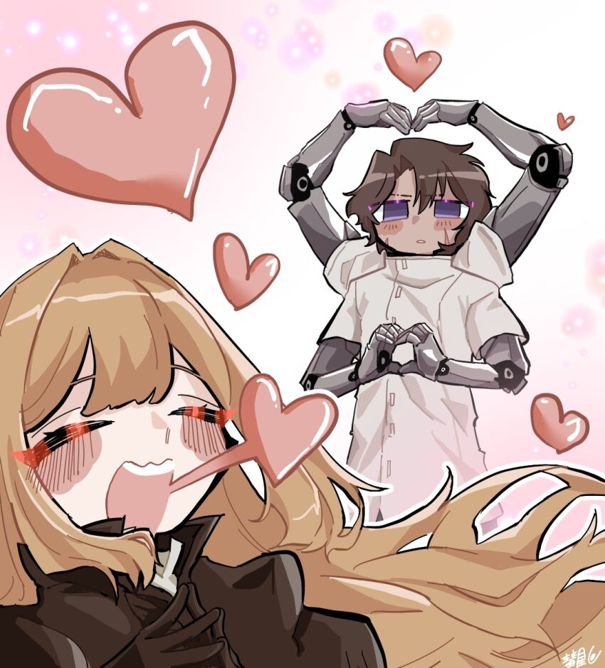 1boy 1girl blunt_bangs blush catherine_(project_moon) closed_eyes couple dark-skinned_male dark_skin extra_arms happy heart heart_hands heathcliff_(project_moon) hetero highres limbus_company mechanical_arms multicrack_office_(identity)_(project_moon) open_mouth project_moon purple_eyes shirt suisei0708 turtleneck white_shirt