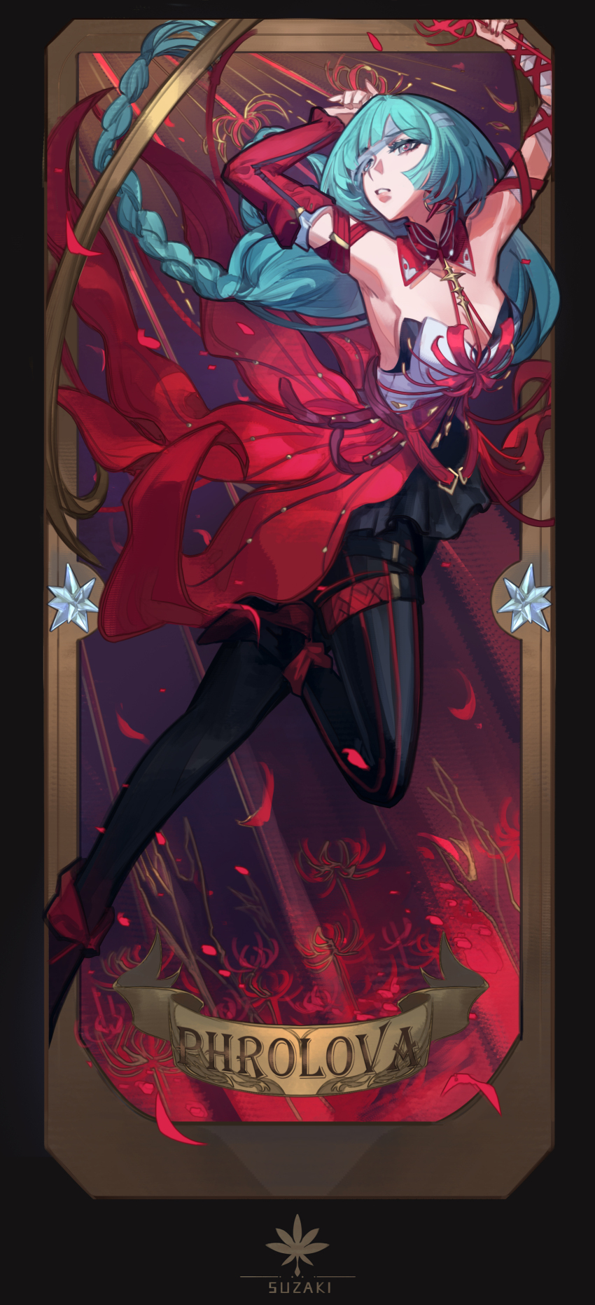1girl absurdres arms_up bandaged_arm bandages black_skirt braid breasts card_(medium) character_name commentary detached_sleeves dress floating_hair flower full_body grey_hair highres holding holding_flower long_hair looking_afar looking_to_the_side medium_breasts parted_lips phrolova_(wuthering_waves) red_dress red_pupils red_sleeves single_detached_sleeve skirt solo steve_zheng white_eyes wuthering_waves